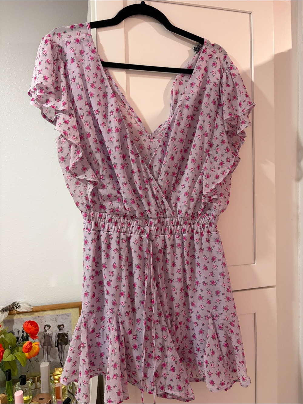 Floral Pink Ruffle V-Neck Women’s short romper